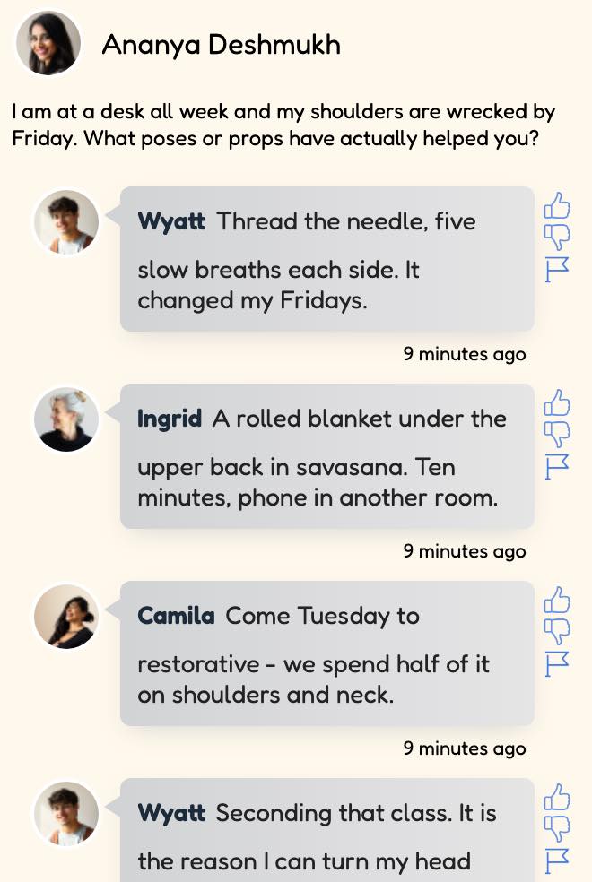 App screenshot: a community discussion thread with replies
