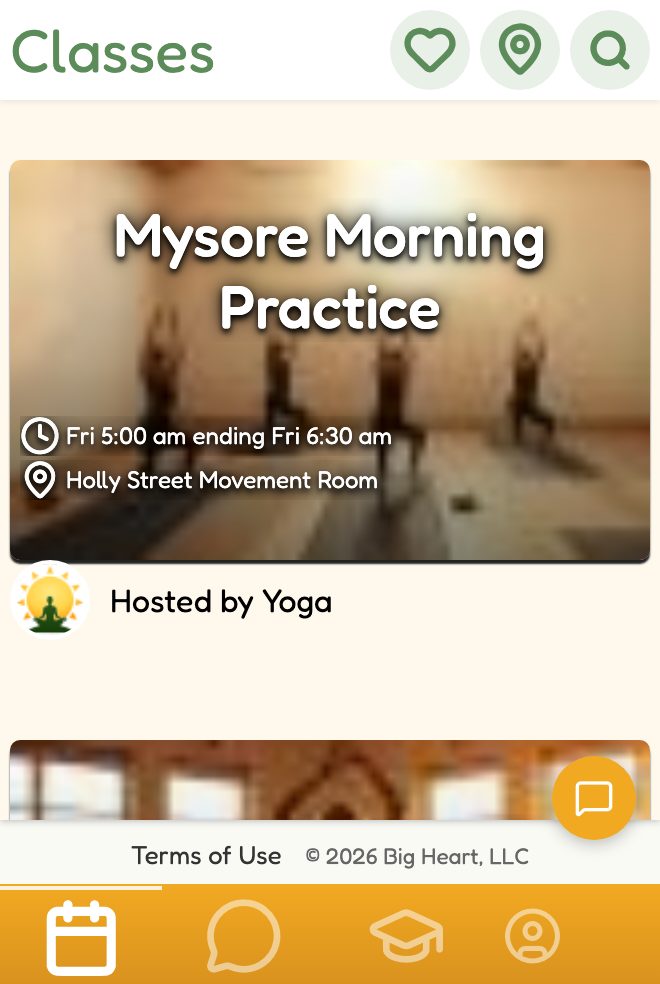 App screenshot: upcoming classes list