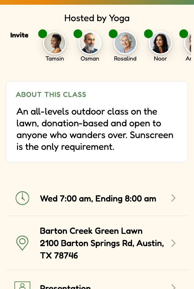 App screenshot: a class page showing who is going and where it meets