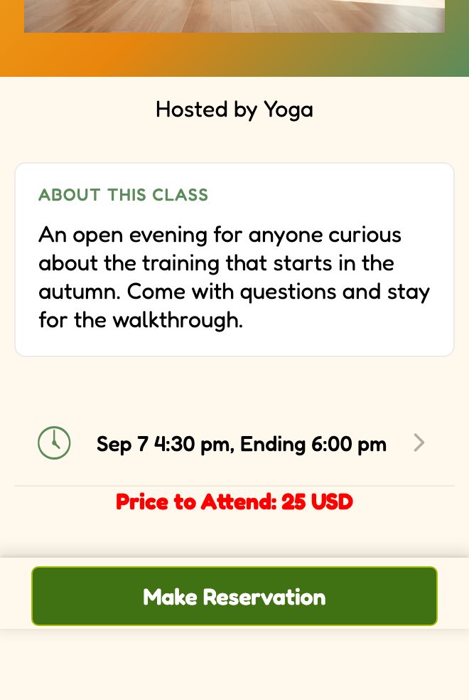 App screenshot: a class price and its Make Reservation button