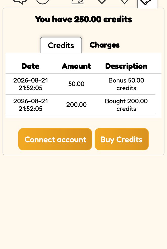 App screenshot: a member credits balance and history