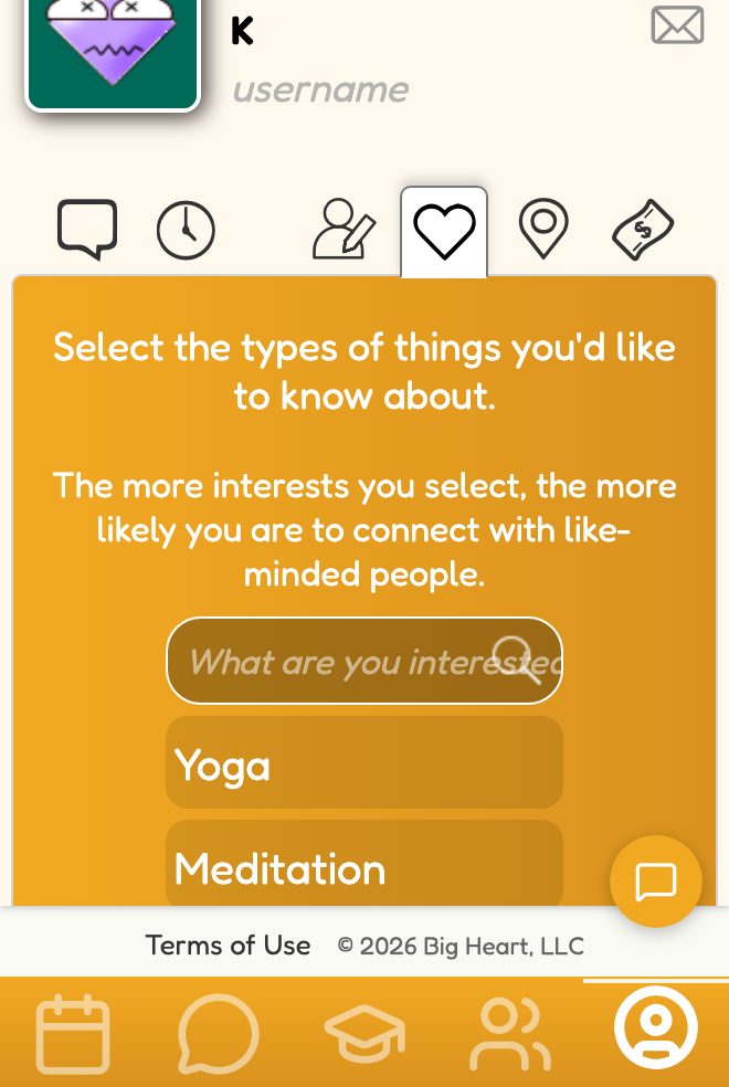 App screenshot: picking interests