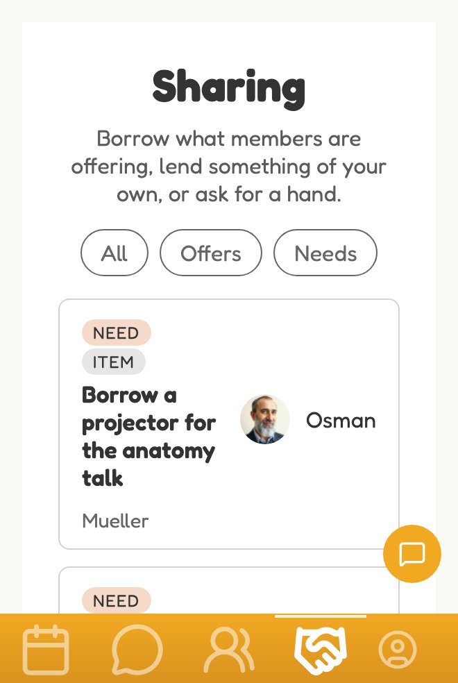 App screenshot: the sharing board with offers and needs from members
