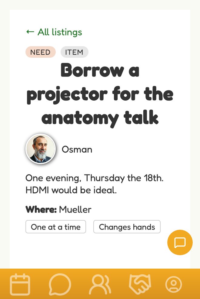 App screenshot: a member asking to borrow a projector for a talk