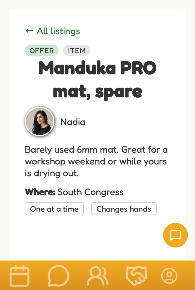 App screenshot: a member offering to lend a spare yoga mat